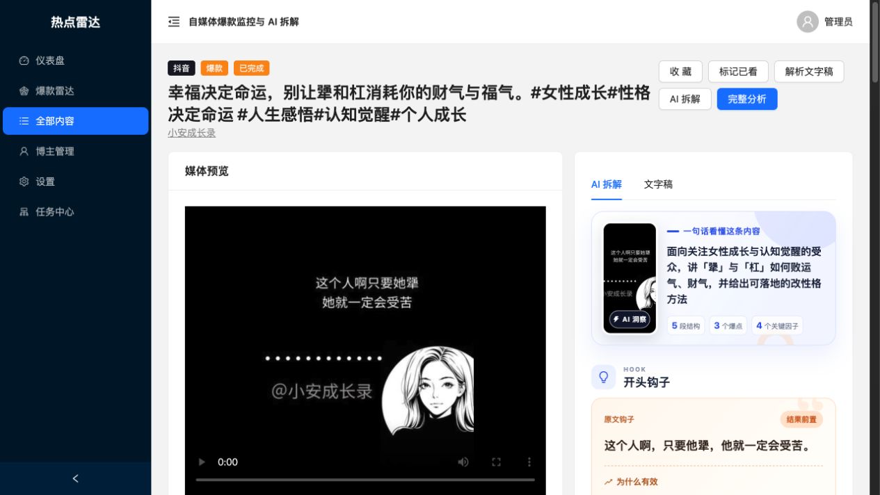 热点雷达内容详情与 AI 拆解页面